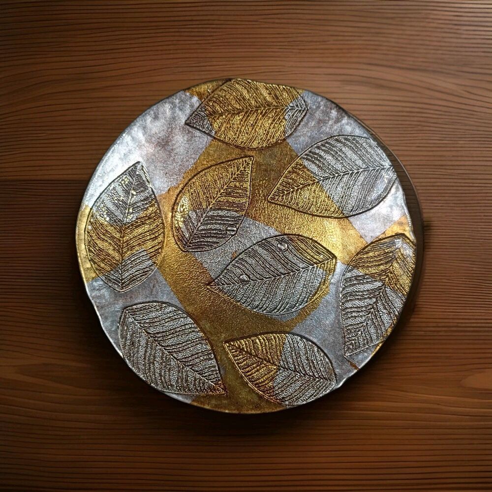 Vintage Botanical Leaf, Gold & Silver Art Glass  13” Deco Plate Three Footed